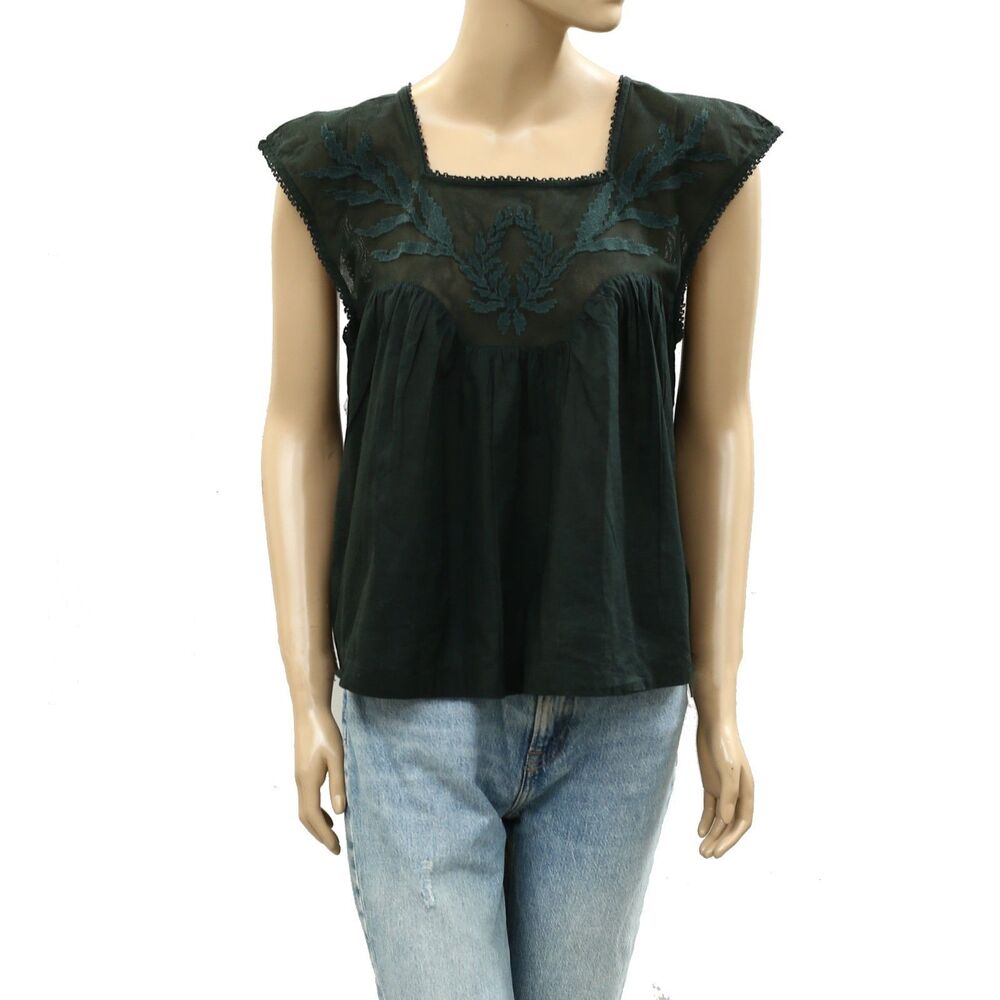 The Great The Dawn Embroidered Top Blouse Floral Lace Green Cotton L-3 287256